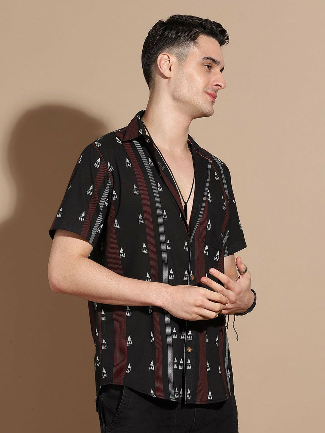 Men's Black Vertical Stripe Cotton Shirt with Spread Collar