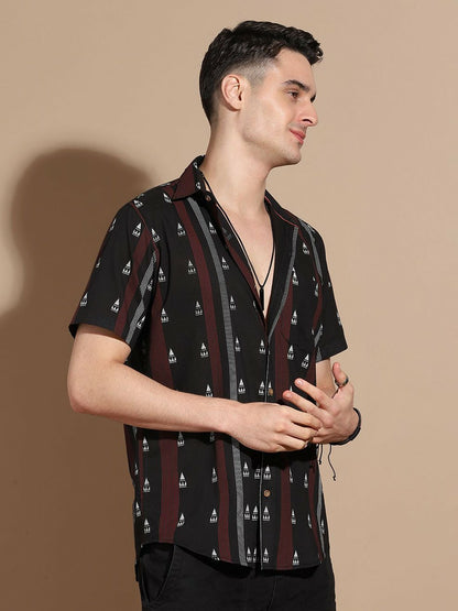 Men's Black Vertical Stripe Cotton Shirt with Spread Collar