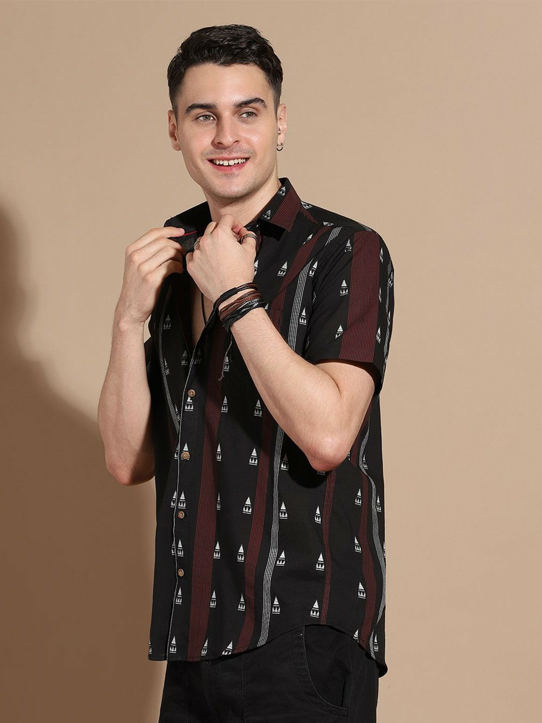 Men's Black Vertical Stripe Cotton Shirt with Spread Collar