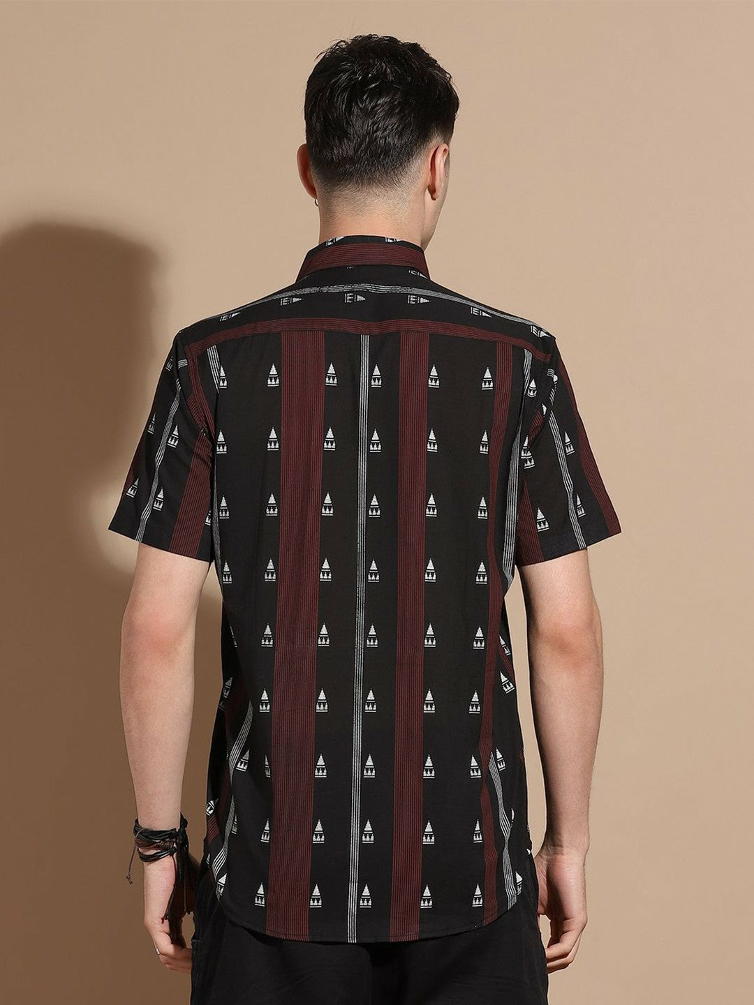 Men's Black Vertical Stripe Cotton Shirt with Spread Collar