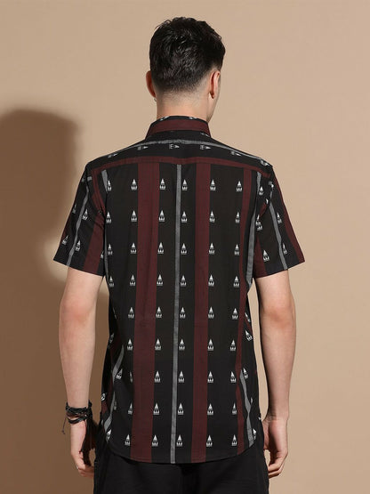 Men's Black Vertical Stripe Cotton Shirt with Spread Collar