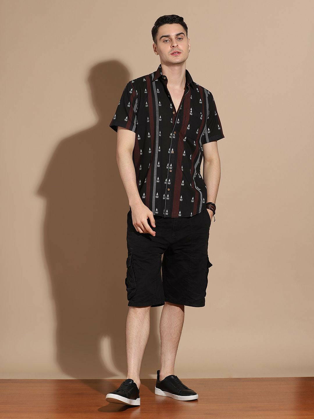 Men's Black Vertical Stripe Cotton Shirt with Spread Collar