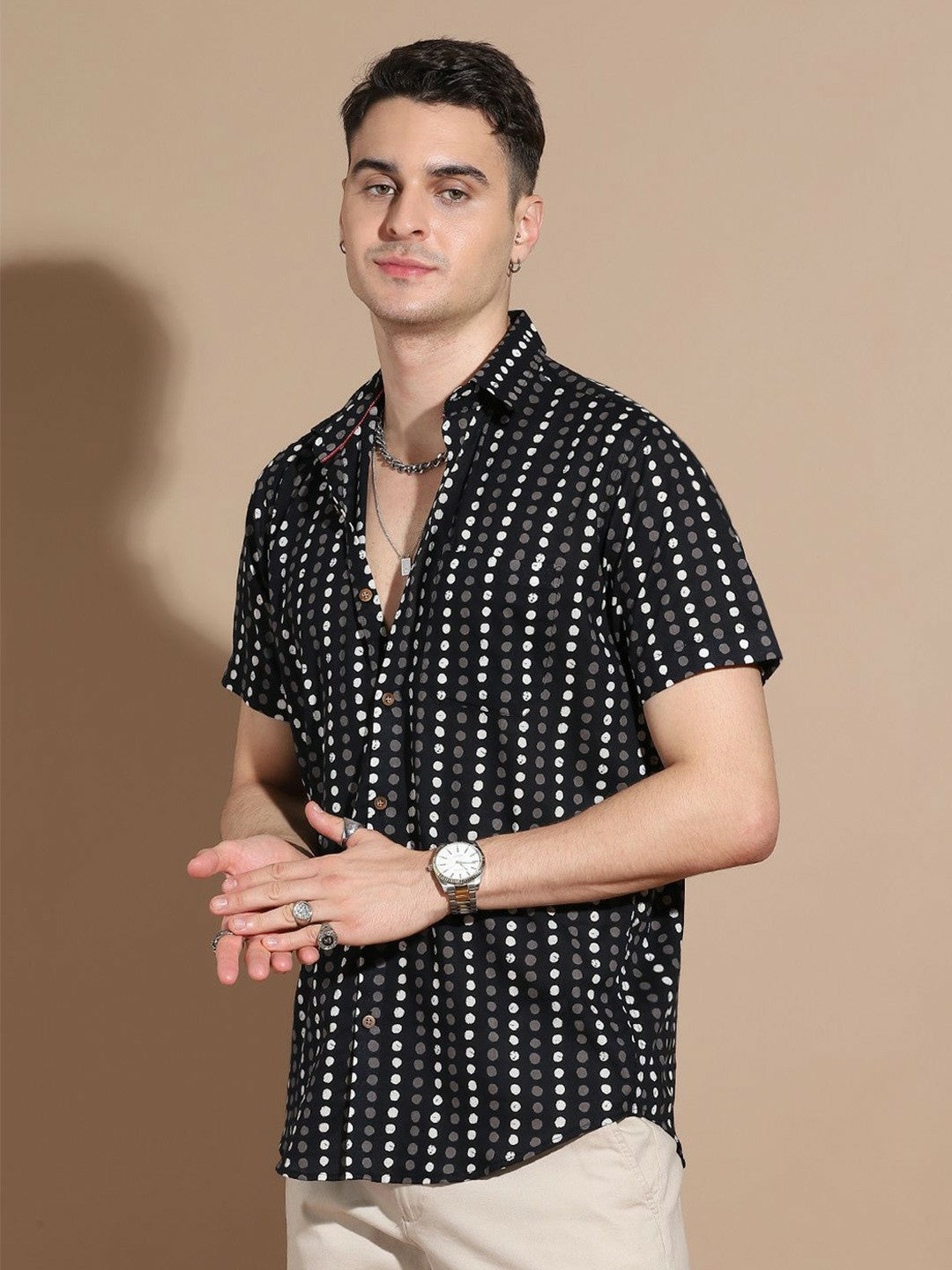 Men’s Black Polka Dot Cotton Shirt – Retro Charm Meets Modern Fit