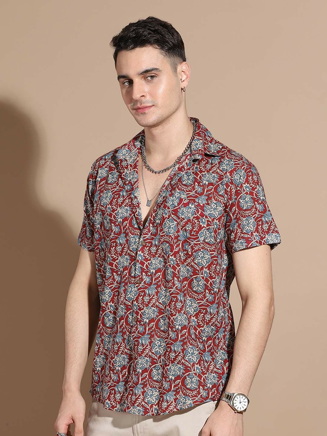 Men’s Maroon Floral Cotton Shirt – Bold Prints, Everyday Comfort