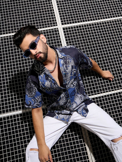 Men’s Blue Abstract Cotton Shirt – Breezy Cuban Collar for Laidback Vibes