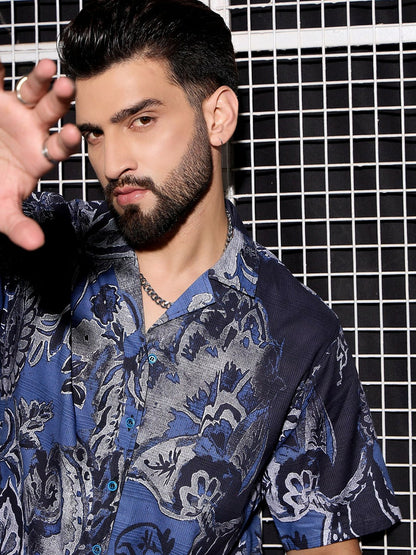 Men’s Blue Abstract Cotton Shirt – Breezy Cuban Collar for Laidback Vibes