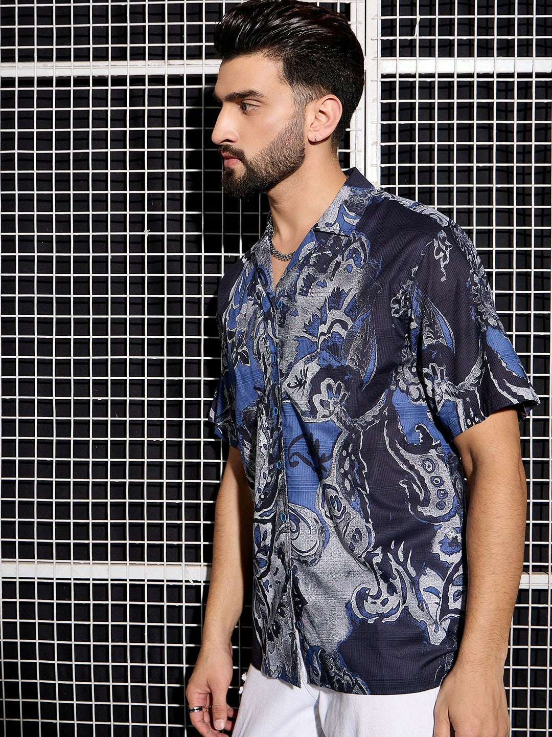 Men’s Blue Abstract Cotton Shirt – Breezy Cuban Collar for Laidback Vibes