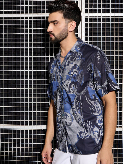 Men’s Blue Abstract Cotton Shirt – Breezy Cuban Collar for Laidback Vibes
