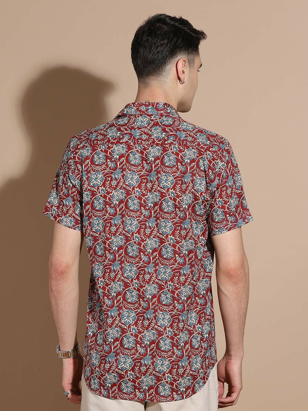 Men’s Maroon Floral Cotton Shirt – Bold Prints, Everyday Comfort