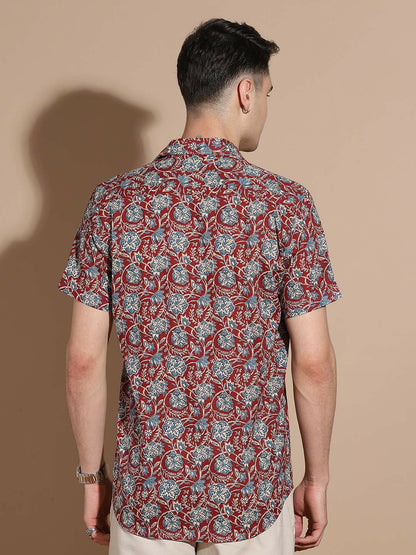 Men’s Maroon Floral Cotton Shirt – Bold Prints, Everyday Comfort