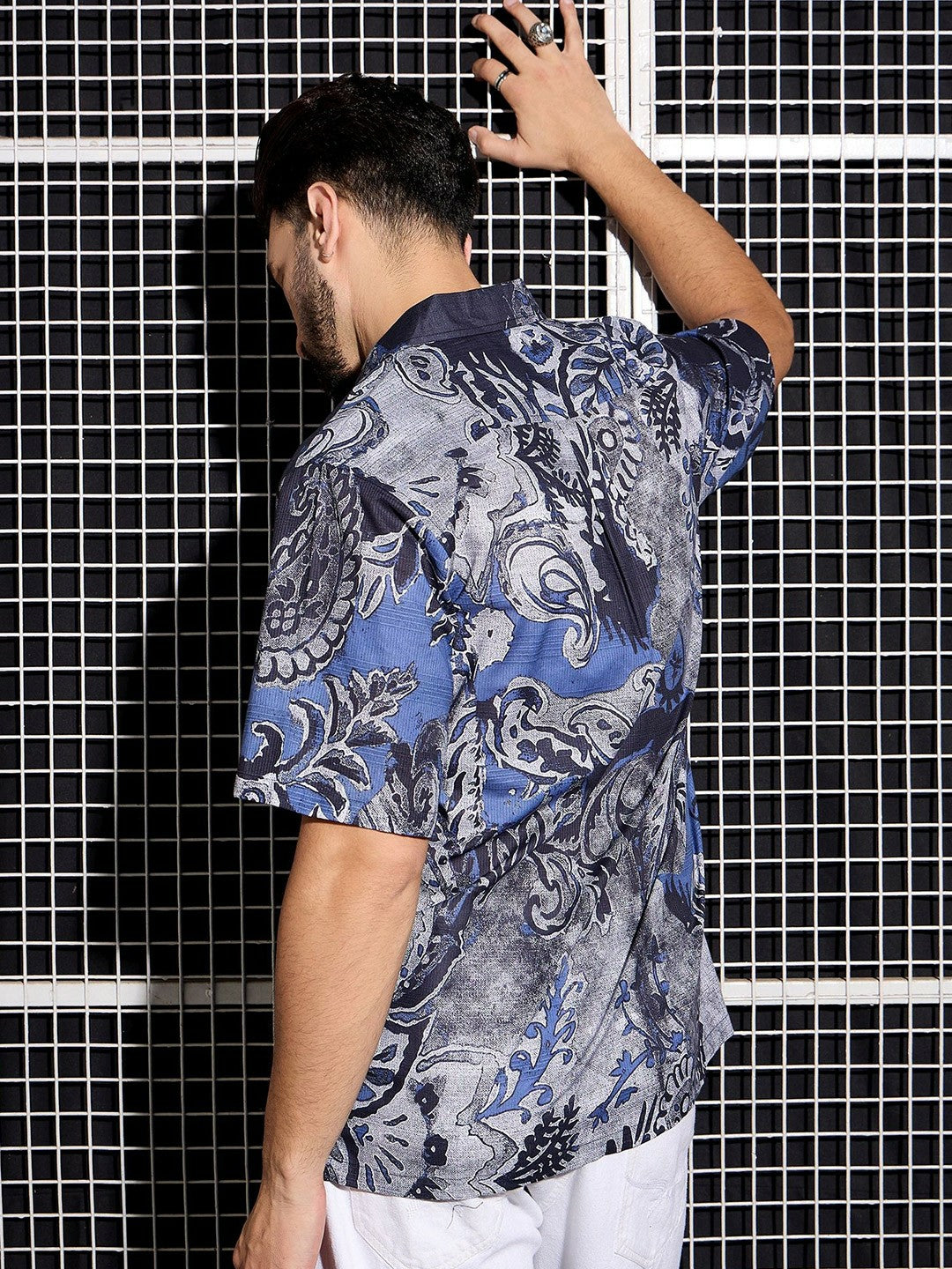 Men’s Blue Abstract Cotton Shirt – Breezy Cuban Collar for Laidback Vibes