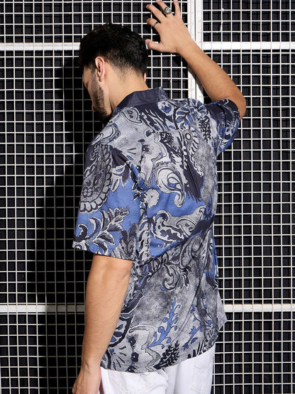 Men’s Blue Abstract Cotton Shirt – Breezy Cuban Collar for Laidback Vibes