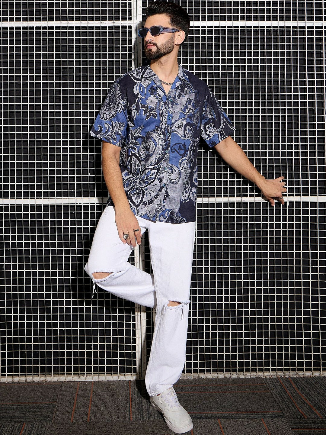 Men’s Blue Abstract Cotton Shirt – Breezy Cuban Collar for Laidback Vibes