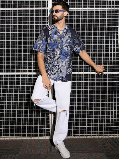 Men’s Blue Abstract Cotton Shirt – Breezy Cuban Collar for Laidback Vibes