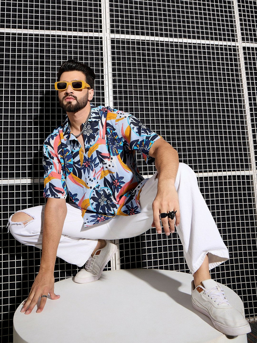 Men’s Blue Cotton Abstract Shirt – Cuban Collar | Relaxed Summer Fit