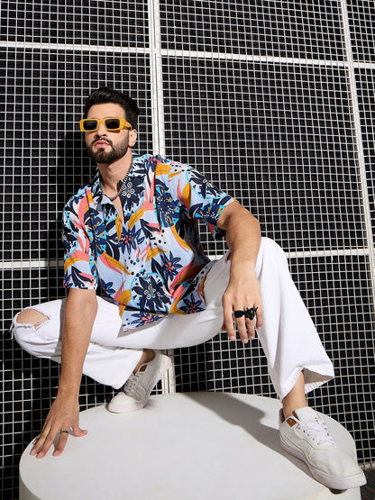 Men’s Blue Cotton Abstract Shirt – Cuban Collar | Relaxed Summer Fit