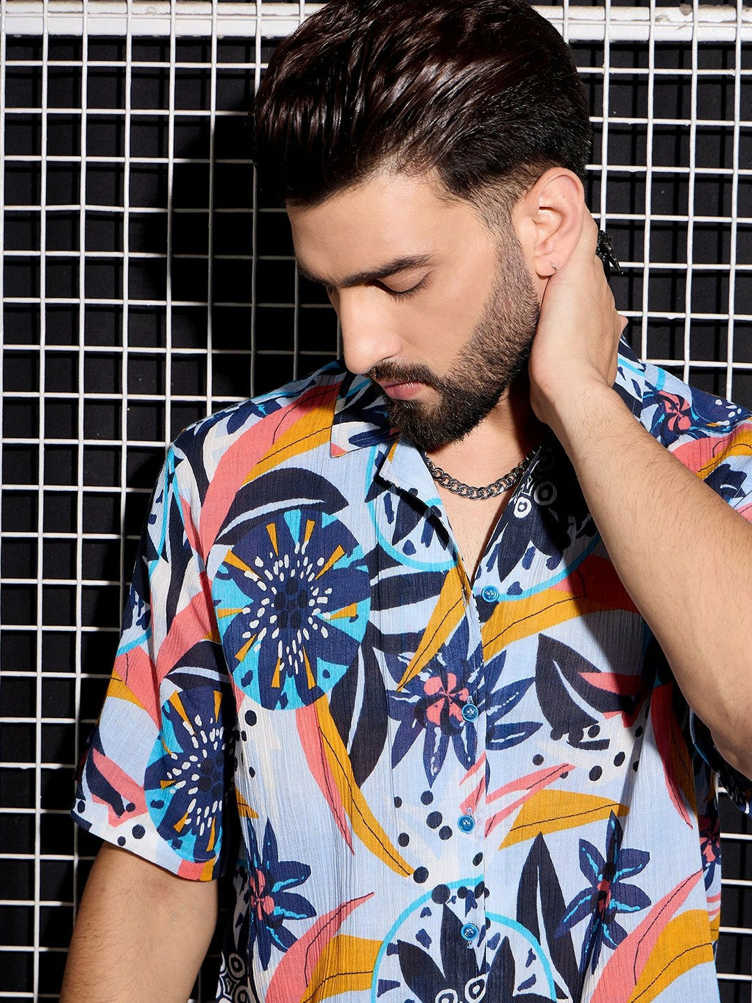 Men’s Blue Cotton Abstract Shirt – Cuban Collar | Relaxed Summer Fit