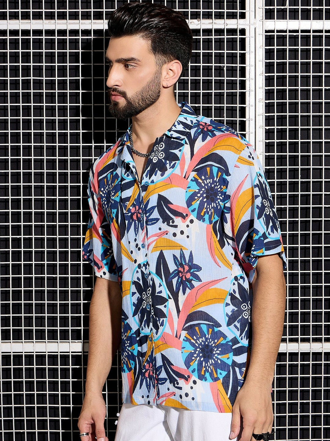 Men’s Blue Cotton Abstract Shirt – Cuban Collar | Relaxed Summer Fit