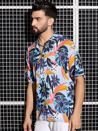 Men’s Blue Cotton Abstract Shirt – Cuban Collar | Relaxed Summer Fit
