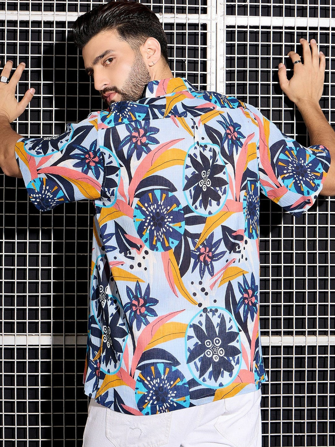 Men’s Blue Cotton Abstract Shirt – Cuban Collar | Relaxed Summer Fit