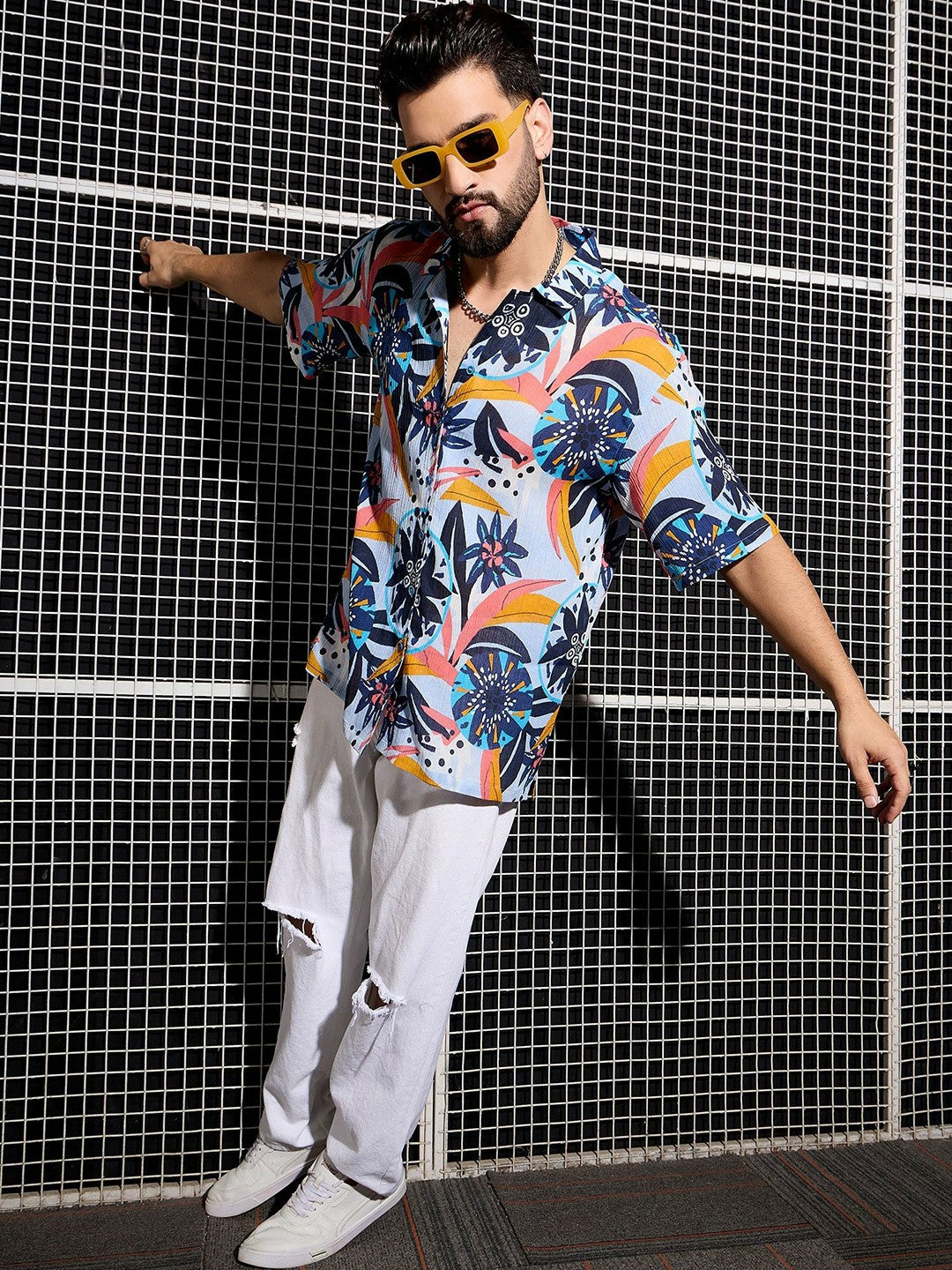 Men’s Blue Cotton Abstract Shirt – Cuban Collar | Relaxed Summer Fit