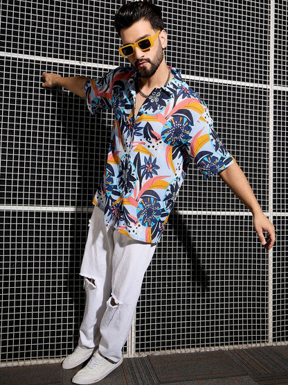 Men’s Blue Cotton Abstract Shirt – Cuban Collar | Relaxed Summer Fit