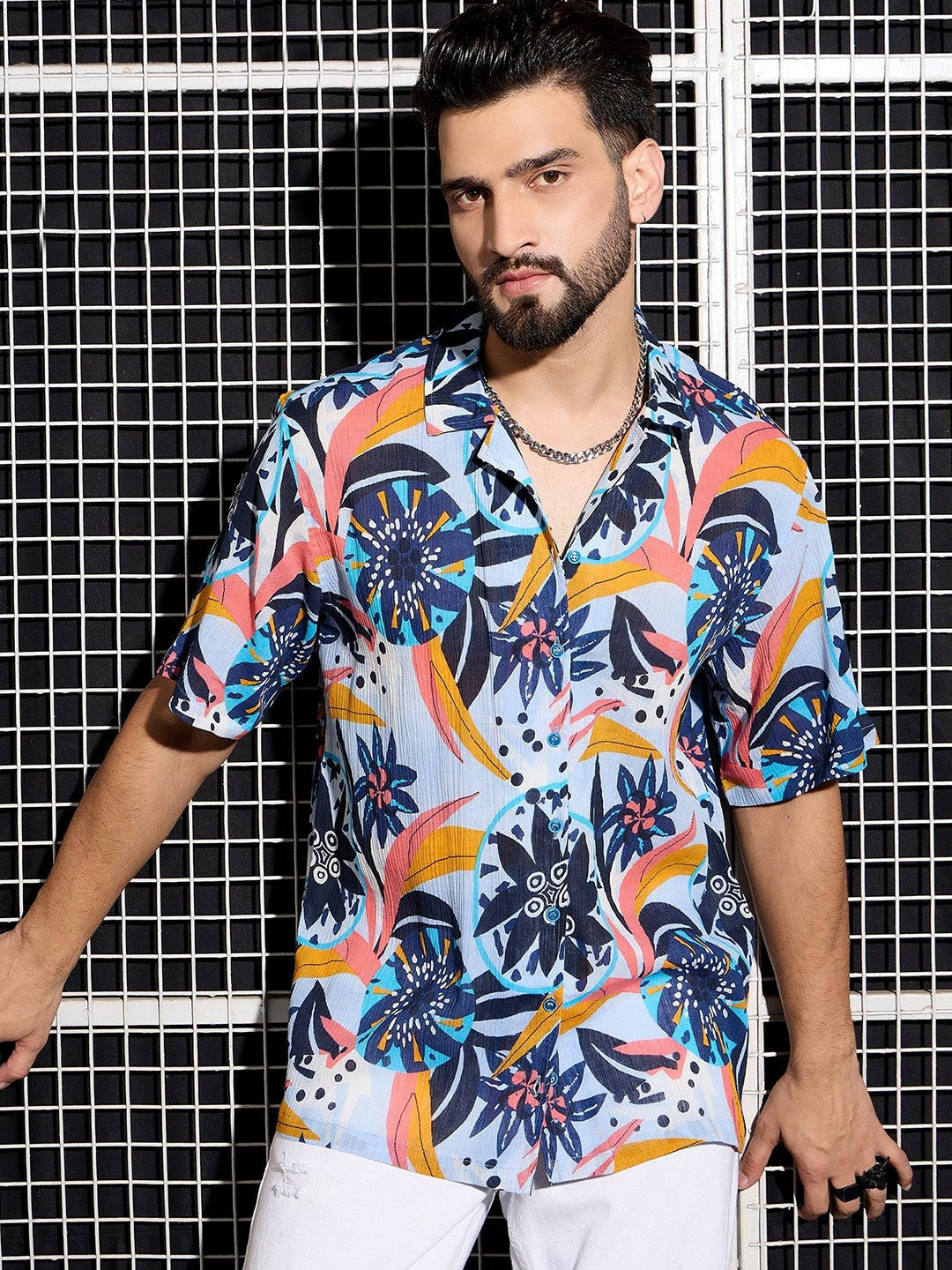 Men’s Blue Cotton Abstract Shirt – Cuban Collar | Relaxed Summer Fit