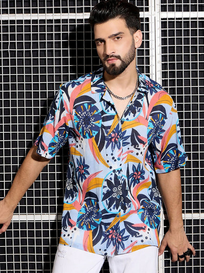 Men’s Blue Cotton Abstract Shirt – Cuban Collar | Relaxed Summer Fit