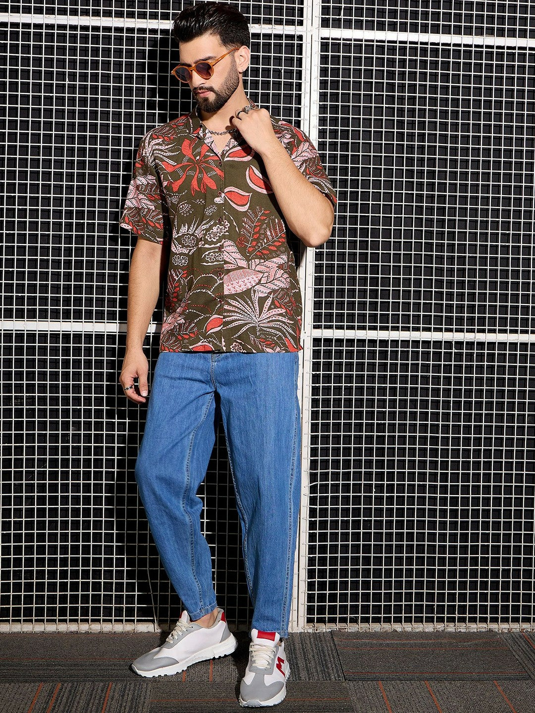 Men’s Khaki Abstract Print Cotton Shirt – Cuban Collar | Relaxed Fit