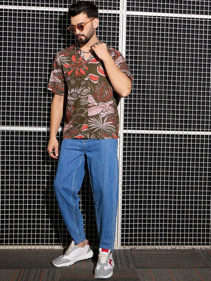 Men’s Khaki Abstract Print Cotton Shirt – Cuban Collar | Relaxed Fit