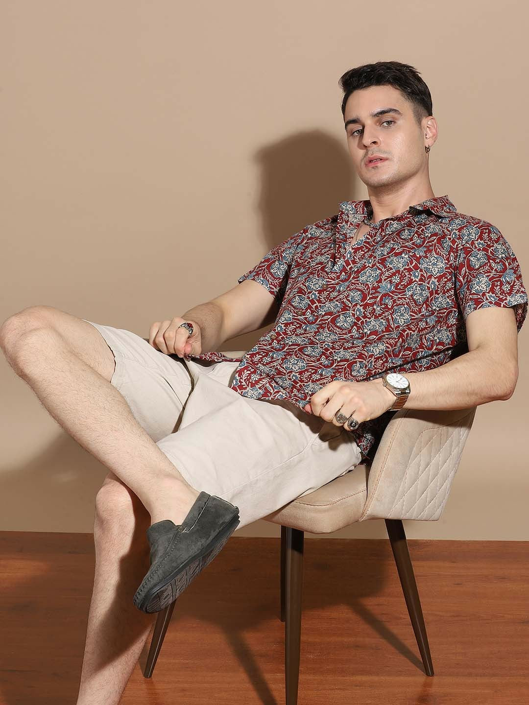 Men’s Maroon Floral Cotton Shirt – Bold Prints, Everyday Comfort