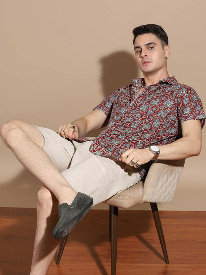 Men’s Maroon Floral Cotton Shirt – Bold Prints, Everyday Comfort