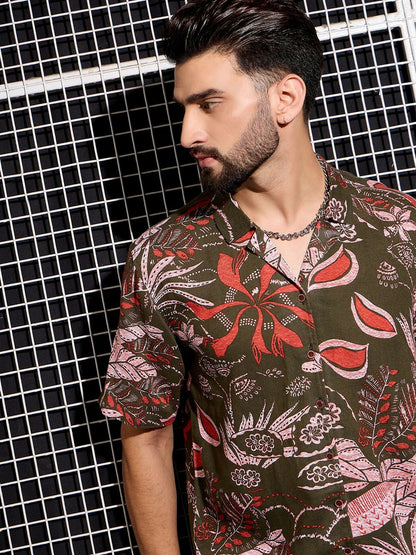 Men’s Khaki Abstract Print Cotton Shirt – Cuban Collar | Relaxed Fit