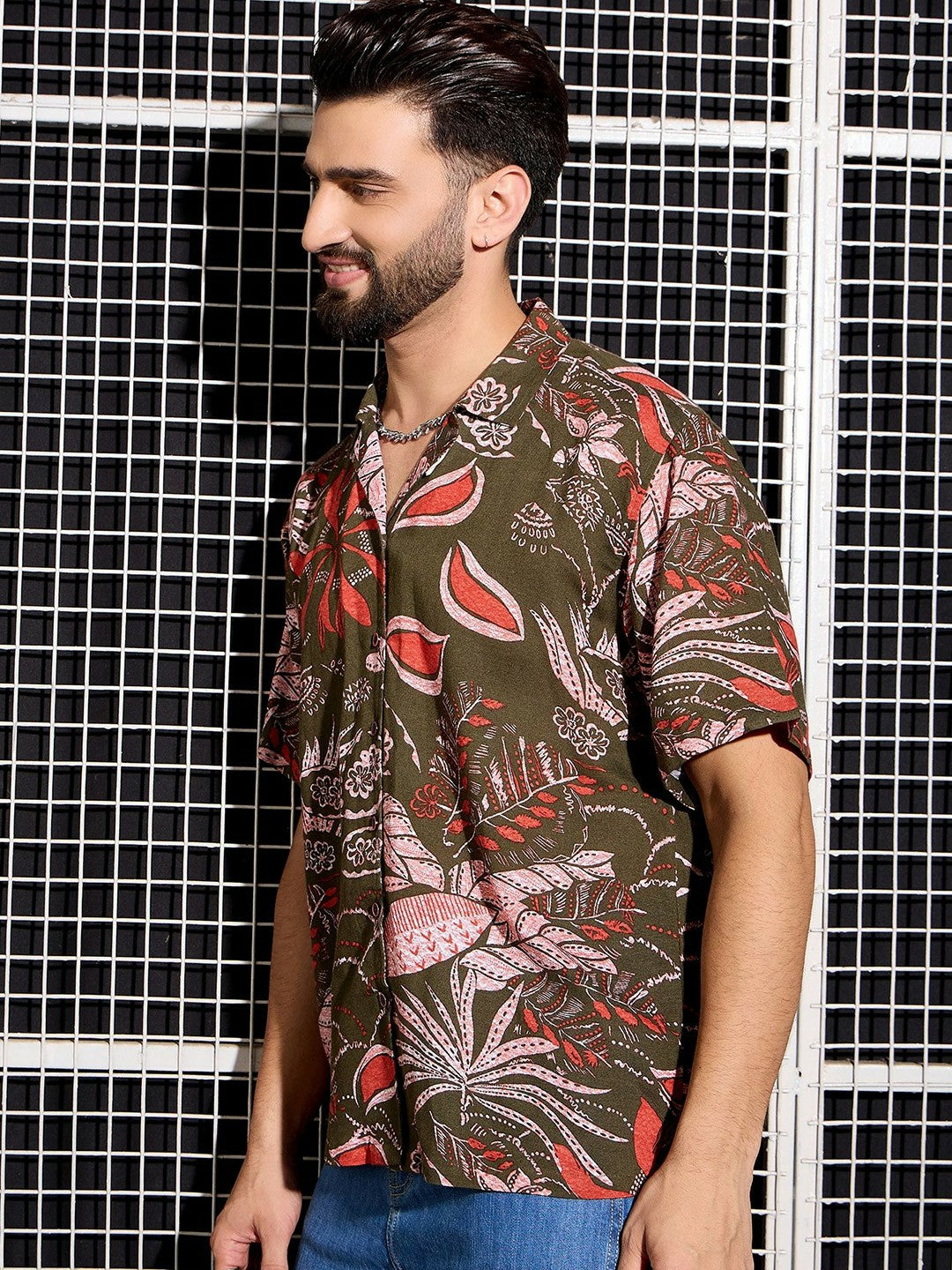 Men’s Khaki Abstract Print Cotton Shirt – Cuban Collar | Relaxed Fit