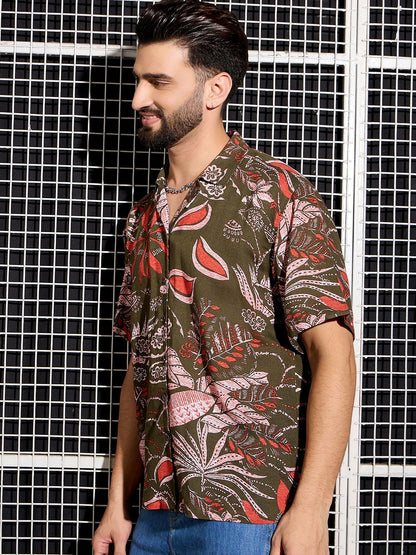 Men’s Khaki Abstract Print Cotton Shirt – Cuban Collar | Relaxed Fit