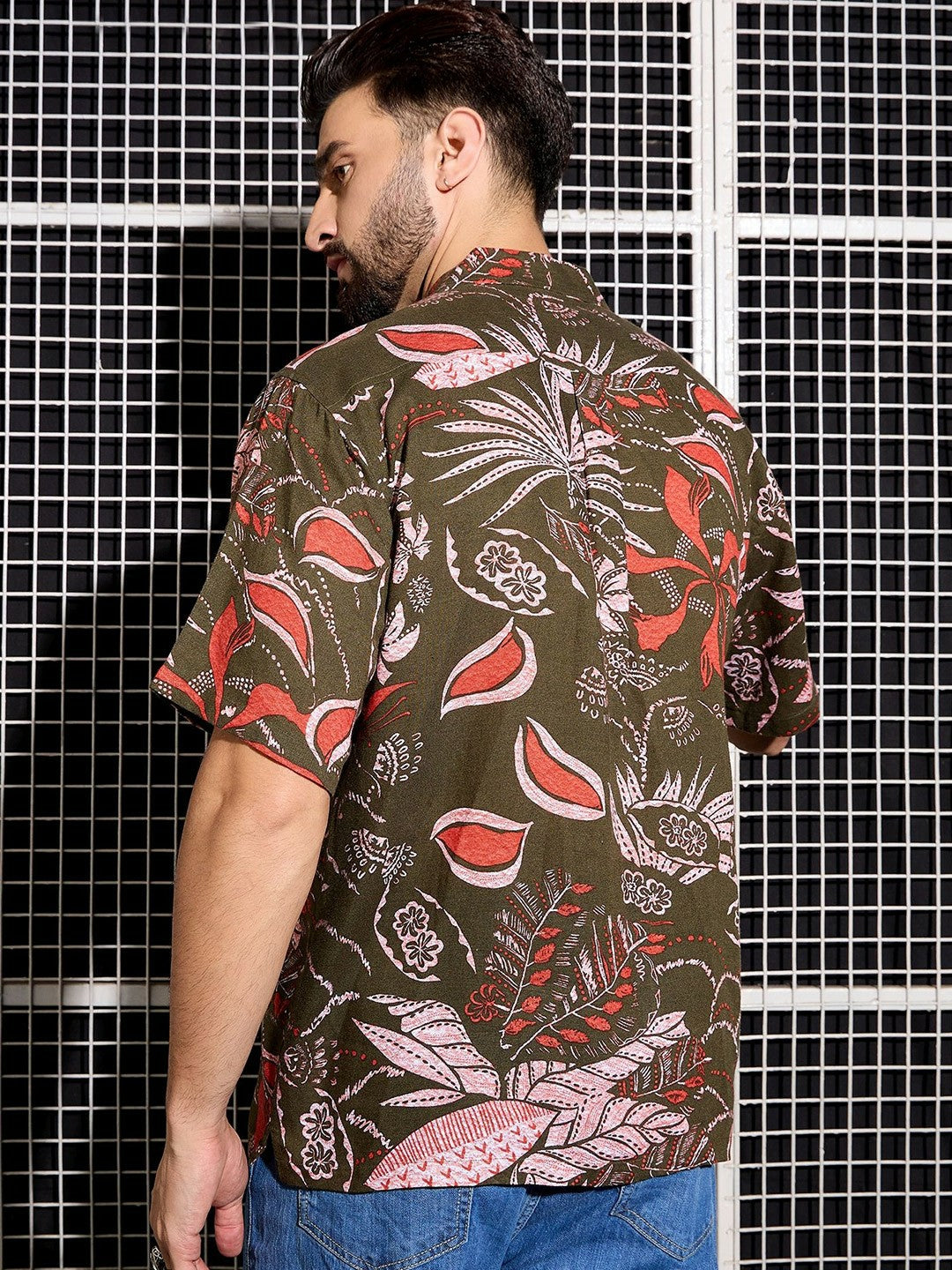 Men’s Khaki Abstract Print Cotton Shirt – Cuban Collar | Relaxed Fit