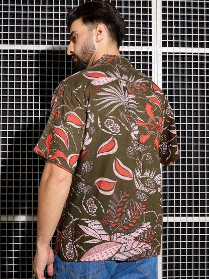 Men’s Khaki Abstract Print Cotton Shirt – Cuban Collar | Relaxed Fit