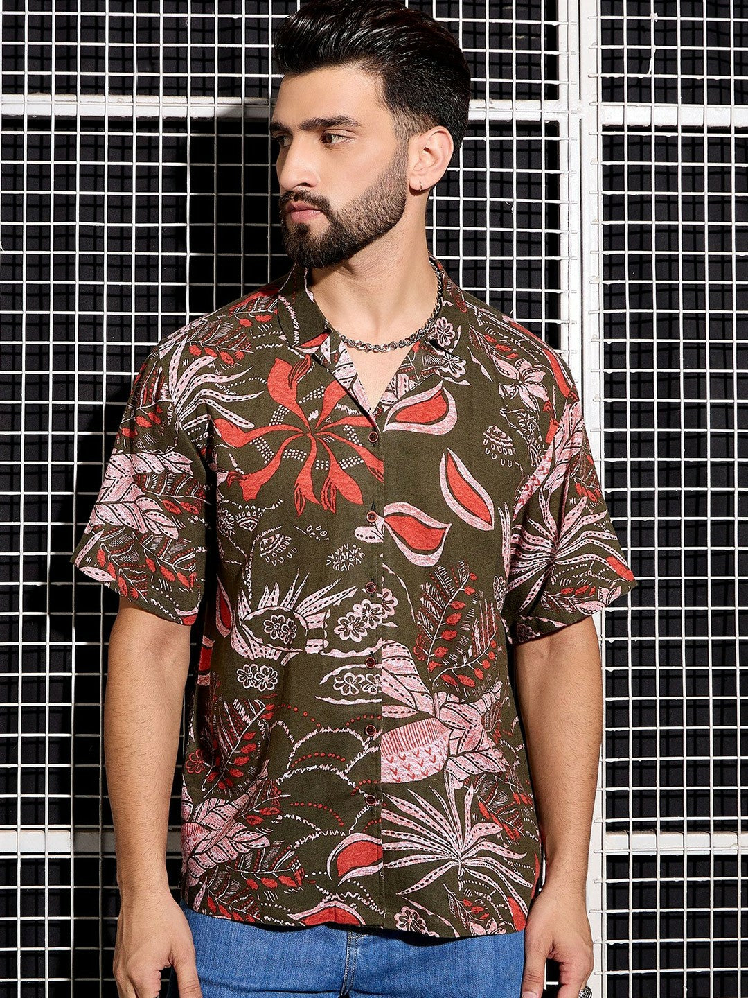 Men’s Khaki Abstract Print Cotton Shirt – Cuban Collar | Relaxed Fit