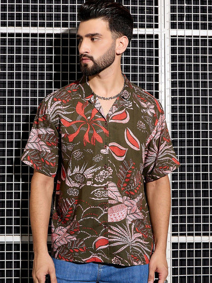Men’s Khaki Abstract Print Cotton Shirt – Cuban Collar | Relaxed Fit
