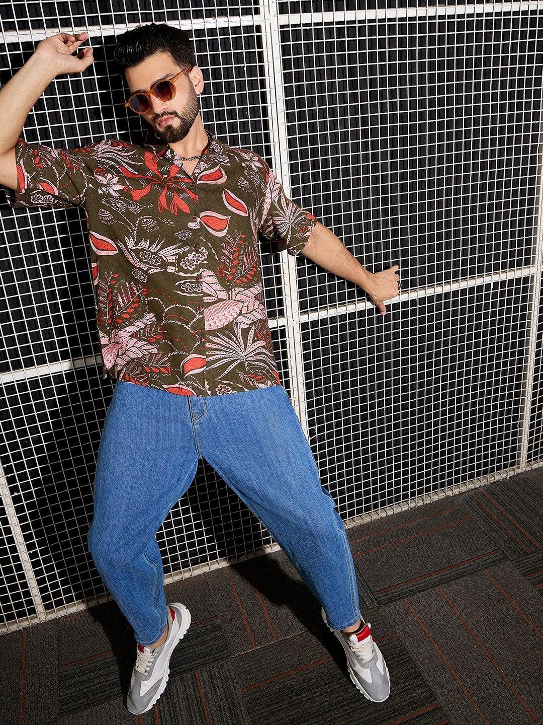 Men’s Khaki Abstract Print Cotton Shirt – Cuban Collar | Relaxed Fit