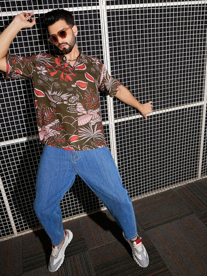 Men’s Khaki Abstract Print Cotton Shirt – Cuban Collar | Relaxed Fit