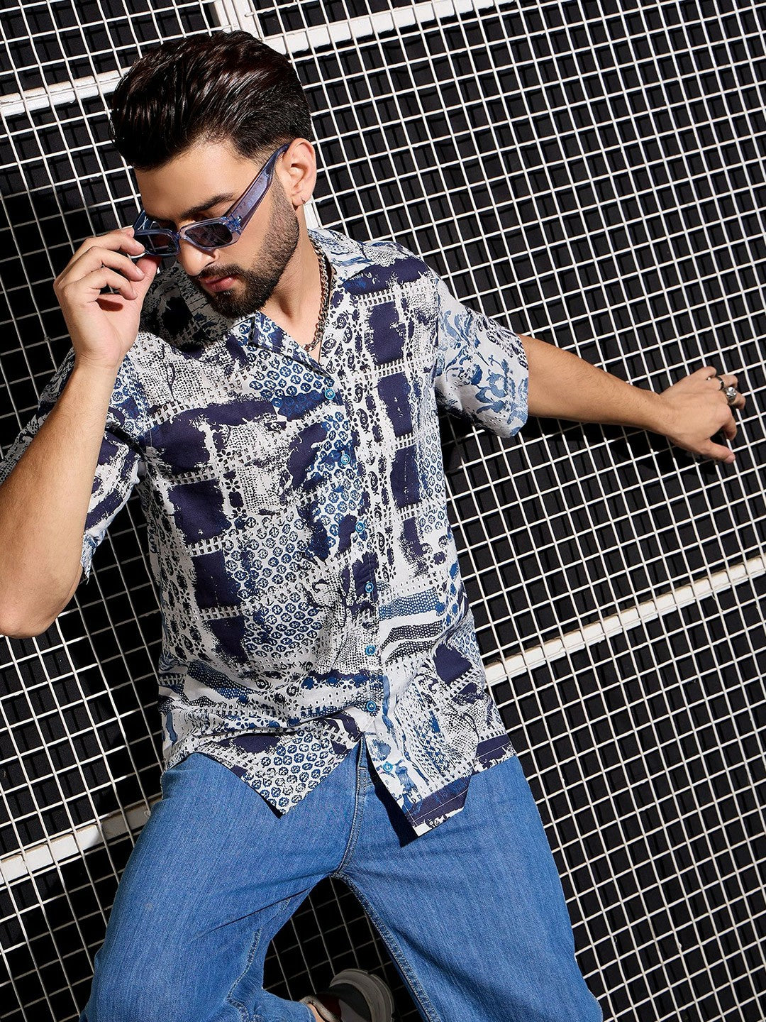 Men’s Blue Abstract Print Cotton Shirt – Cuban Collar | Relaxed Fit