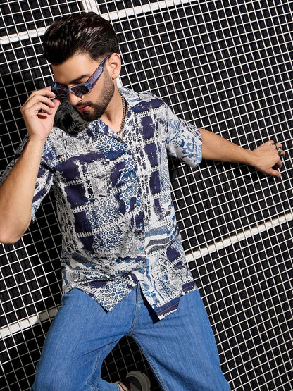 Men’s Blue Abstract Print Cotton Shirt – Cuban Collar | Relaxed Fit