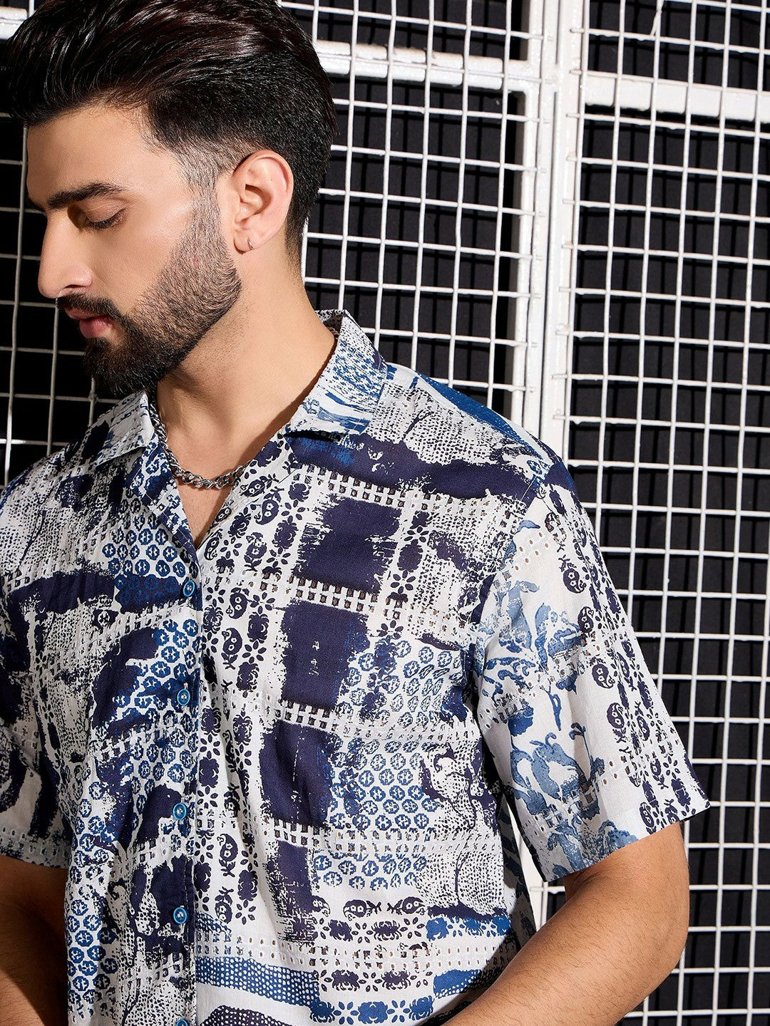 Men’s Blue Abstract Print Cotton Shirt – Cuban Collar | Relaxed Fit