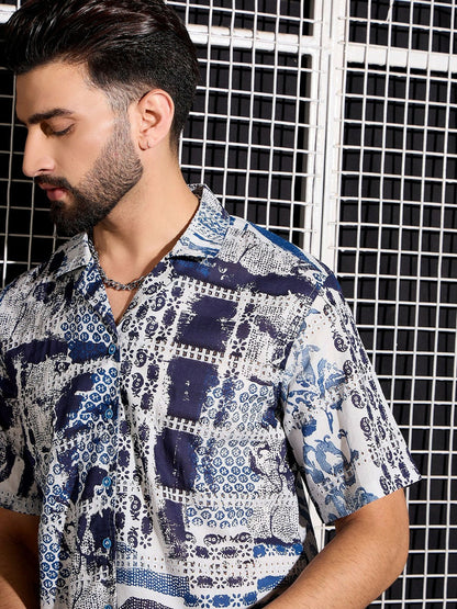 Men’s Blue Abstract Print Cotton Shirt – Cuban Collar | Relaxed Fit