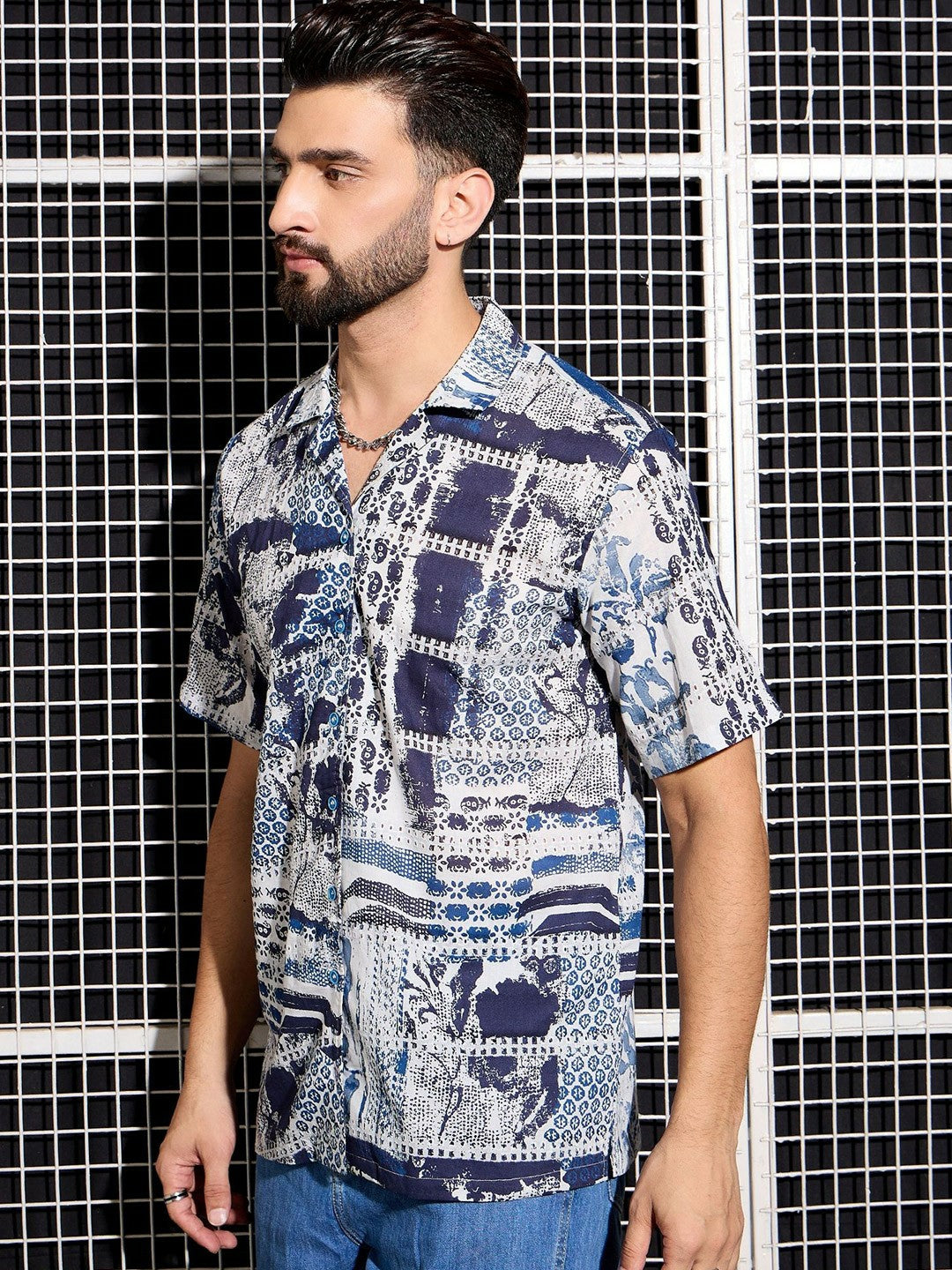Men’s Blue Abstract Print Cotton Shirt – Cuban Collar | Relaxed Fit