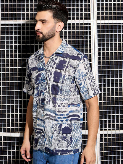 Men’s Blue Abstract Print Cotton Shirt – Cuban Collar | Relaxed Fit