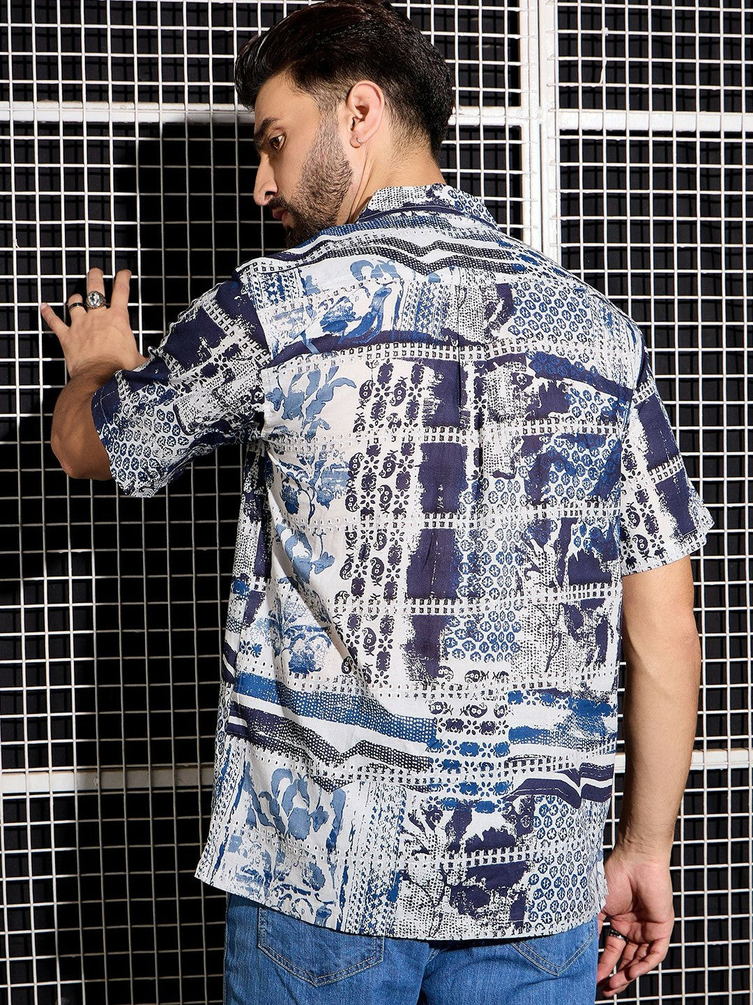 Men’s Blue Abstract Print Cotton Shirt – Cuban Collar | Relaxed Fit