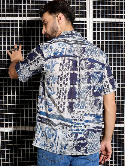 Men’s Blue Abstract Print Cotton Shirt – Cuban Collar | Relaxed Fit