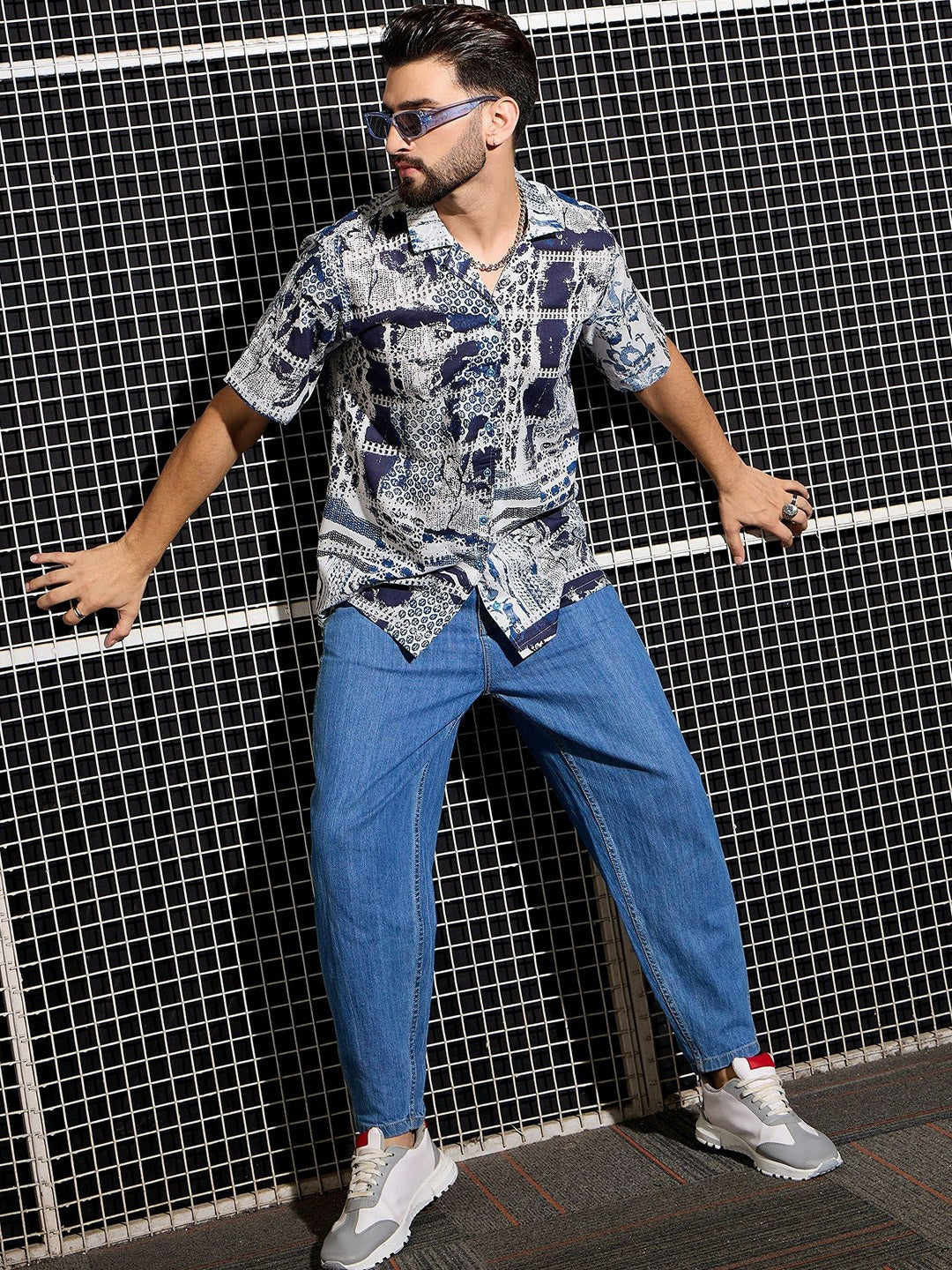 Men’s Blue Abstract Print Cotton Shirt – Cuban Collar | Relaxed Fit